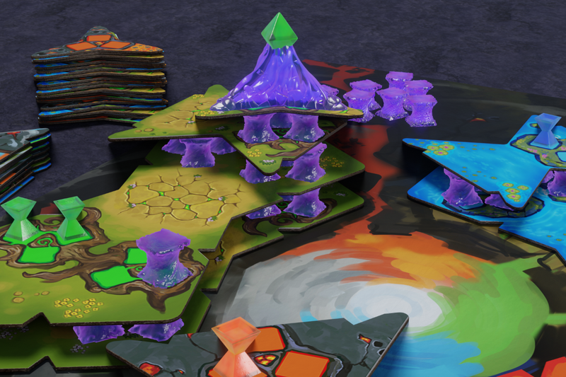 Colorful board game setup with various game pieces and cards on a dark surface