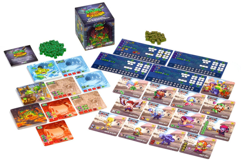 Board game components including cards and a box on a white background