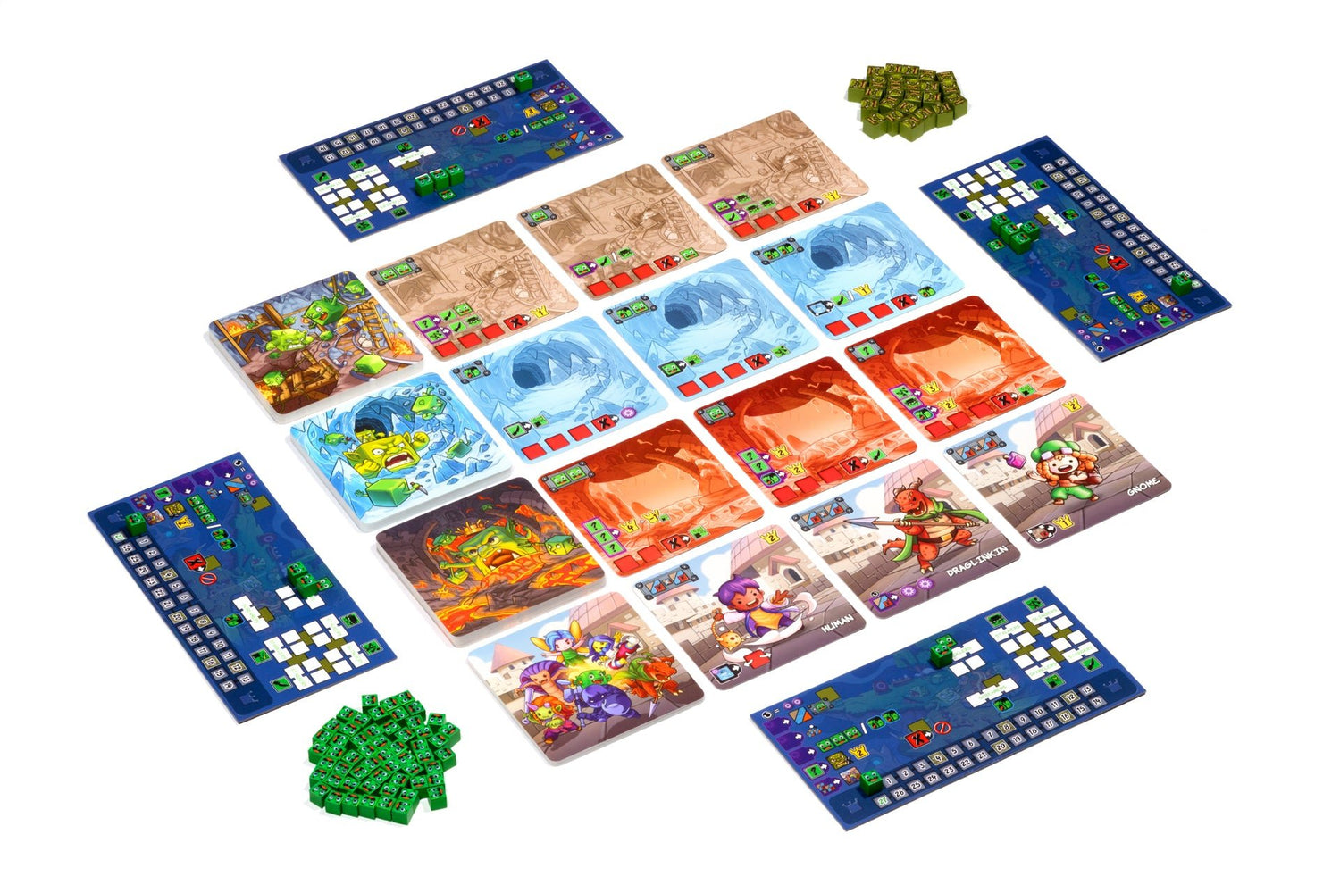 Board game with colorful tiles and pieces on a white background