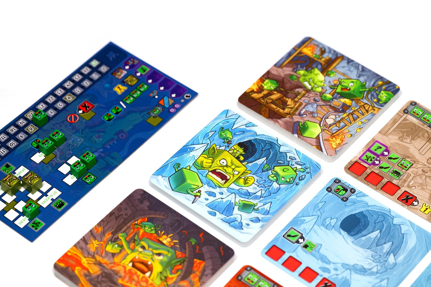 Collection of colorful board game cards with various designs on a white background