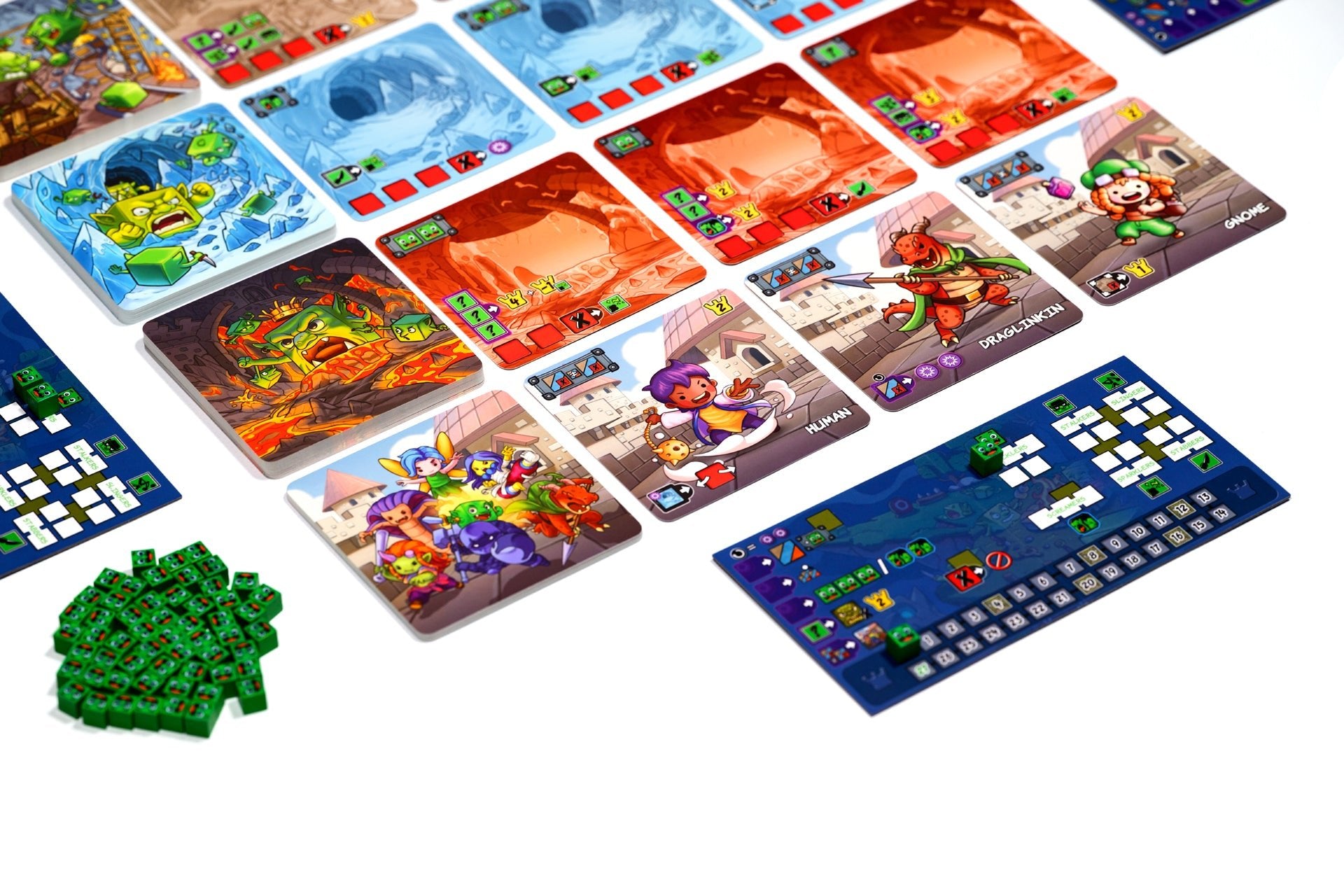 Collection of colorful board game pieces with various designs on a white background