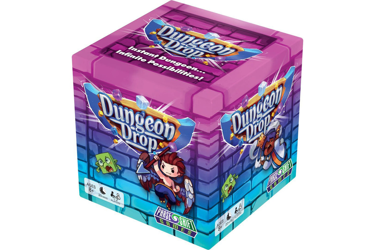 Board game box for 'Dungeon Drop' with colorful design and text.