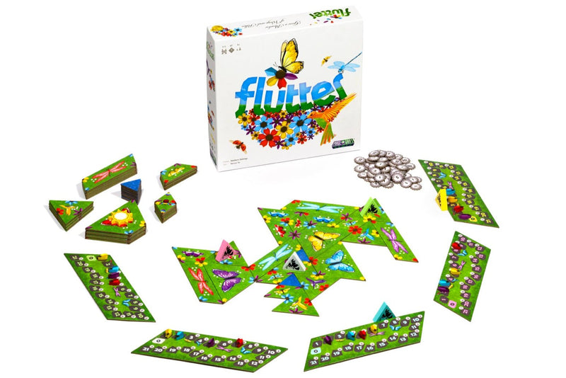 Board game set with 'flutter' packaging on a white background