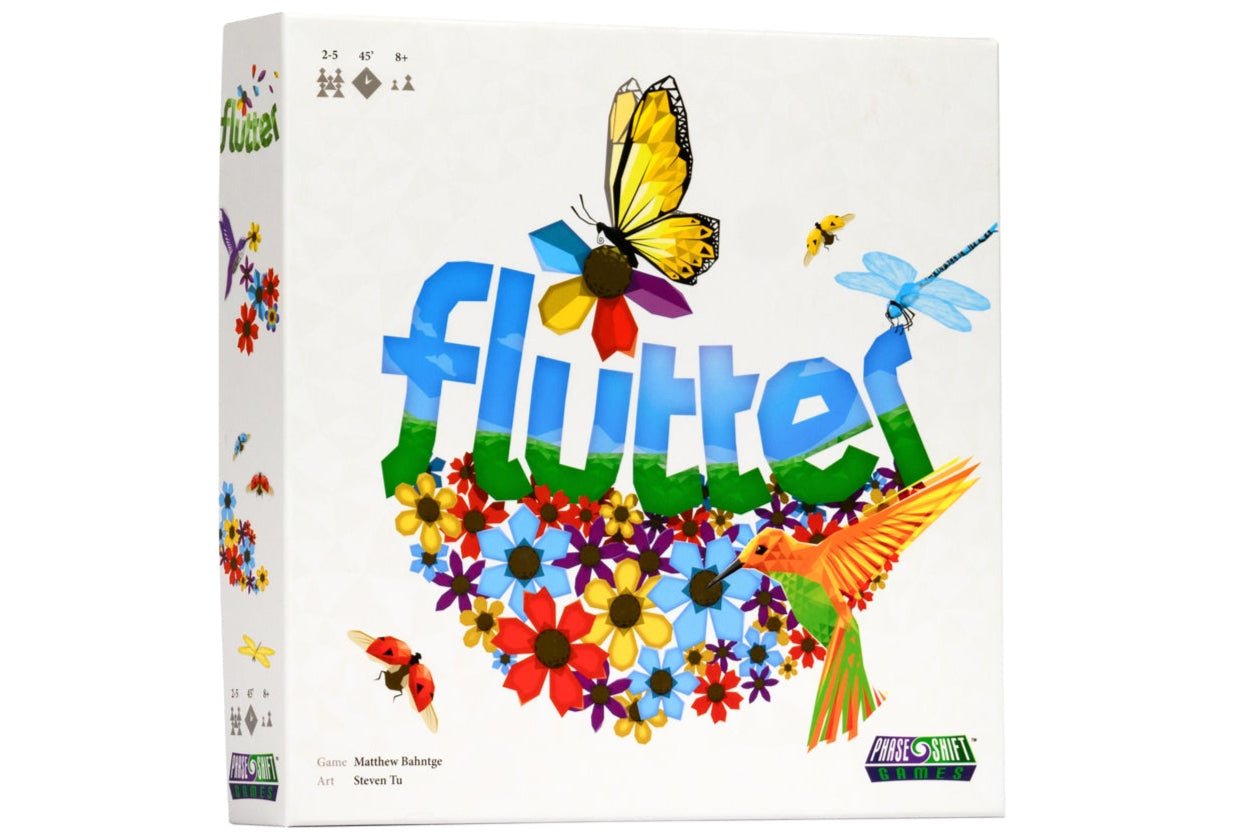 Board game box titled 'flutter' with colorful butterfly illustrations on a white background