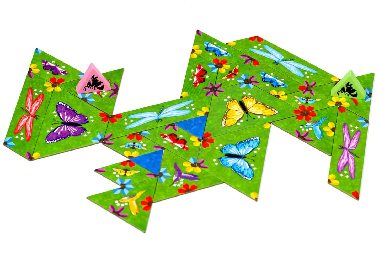 Colorful butterfly-themed paper cutouts on a green background