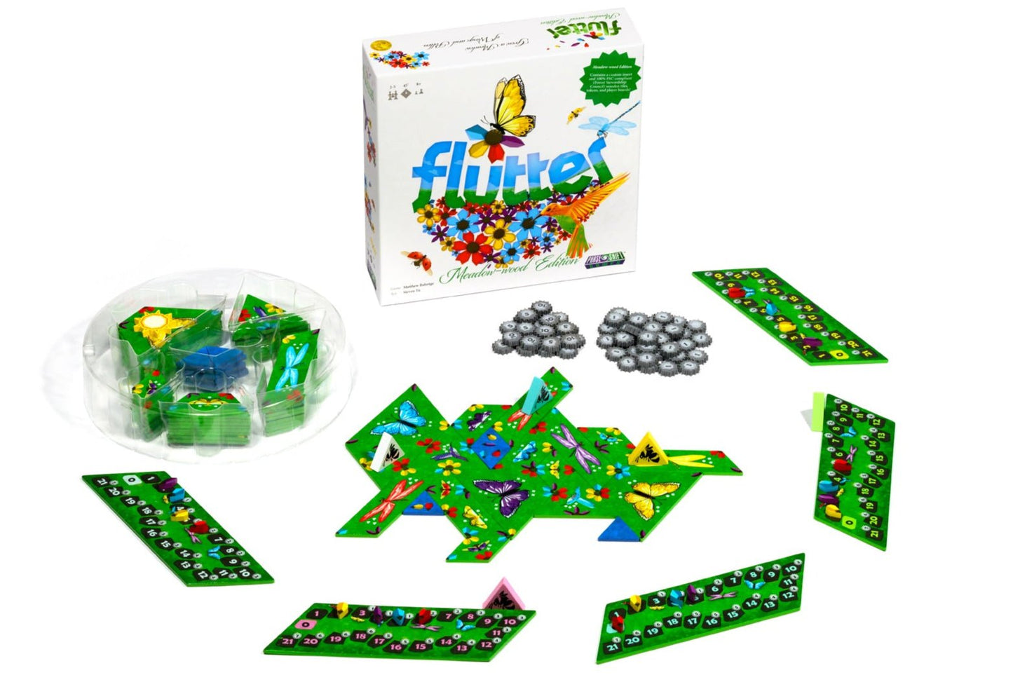 Flutter board game components including pieces and packaging on a white background