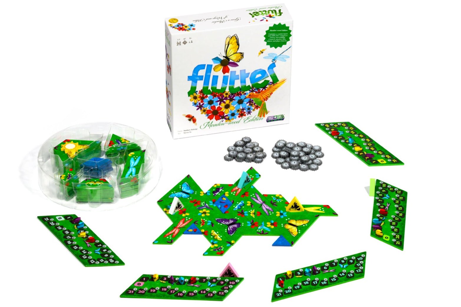 Flutter board game components including pieces and packaging on a white background
