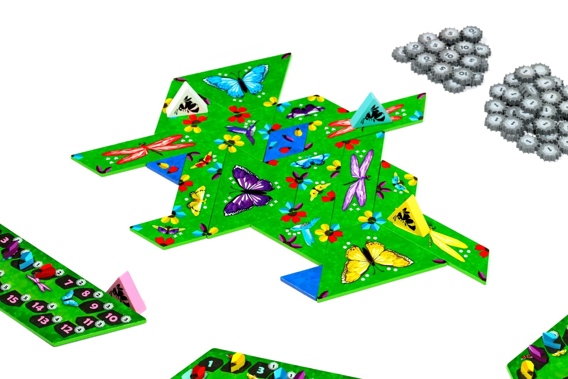 Colorful butterfly-themed board game pieces on a white background