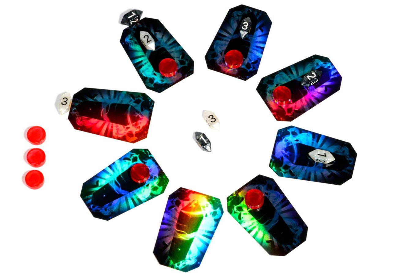 Colorful tie-dye patterned objects on a white background