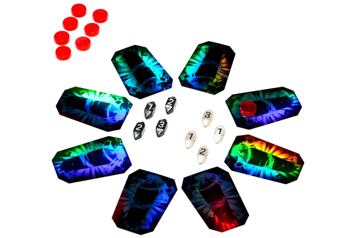 Colorful gemstone-like objects arranged in a circular pattern on a white background.