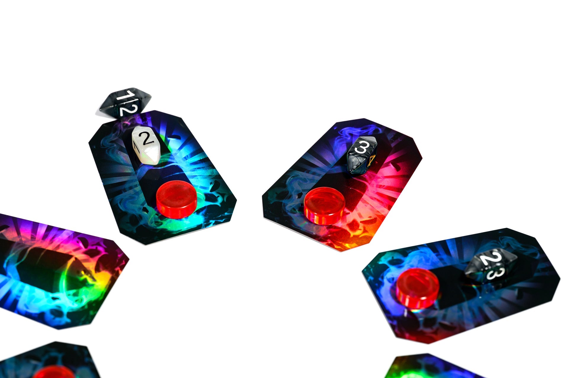 Colorful gemstone-shaped dice with numbers on a white background