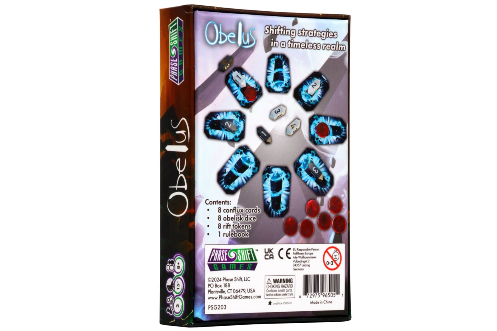 Obelus board game packaging with game pieces on a white background
