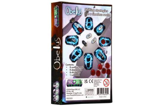 Obelus board game packaging with game pieces on a white background
