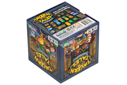 Colorful toy box with cartoon characters on a white background