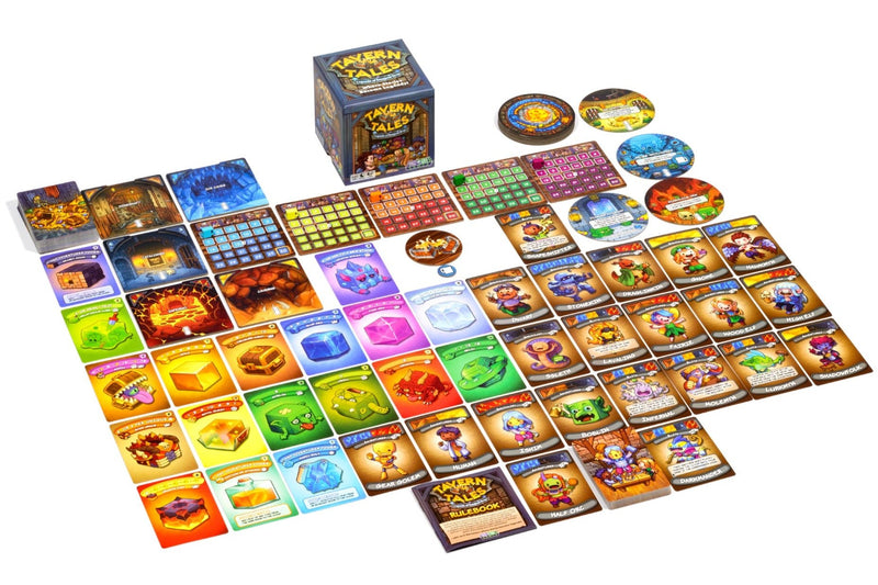 Collection of trading cards and game components on a white background