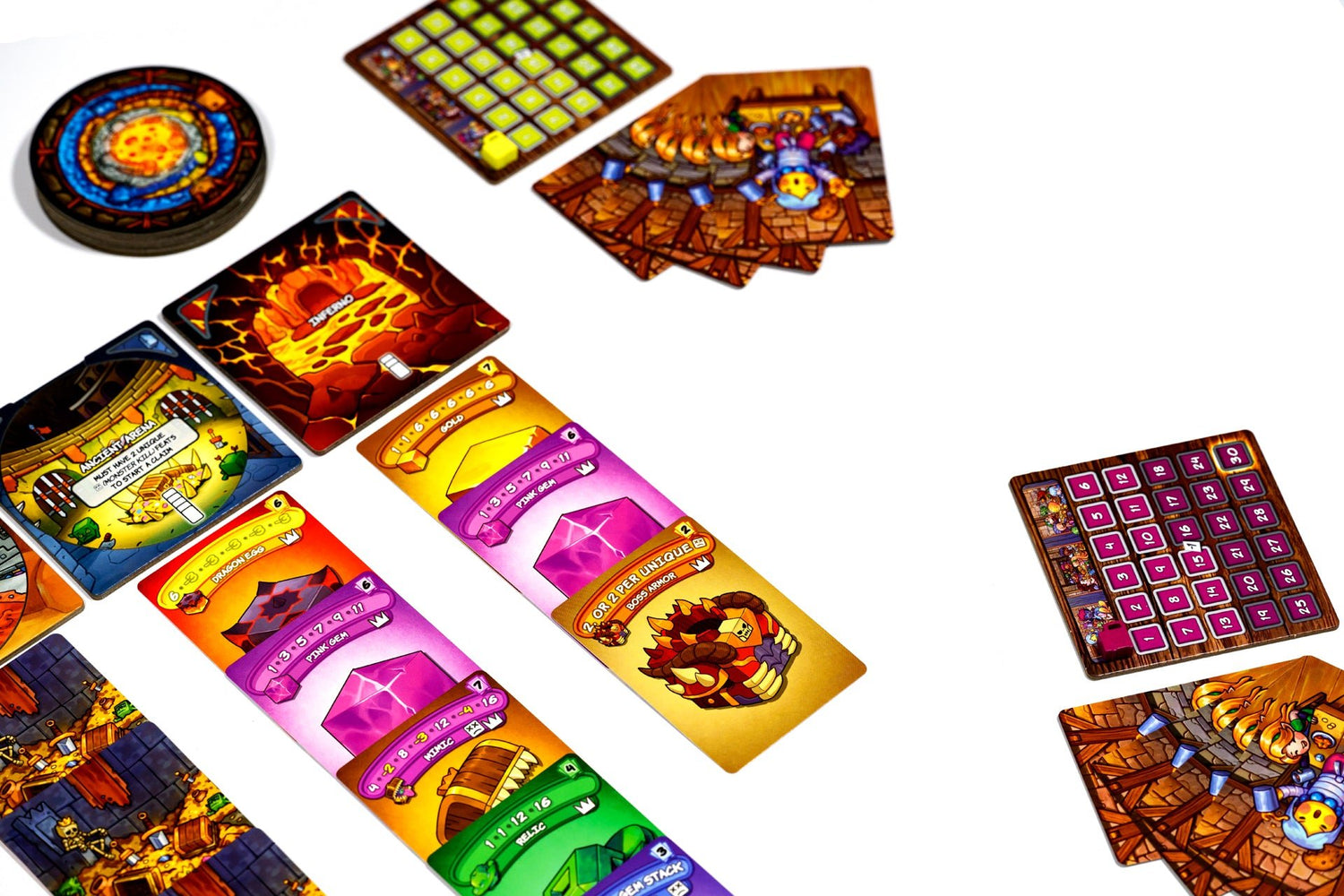 Colorful game cards with various designs on a white background