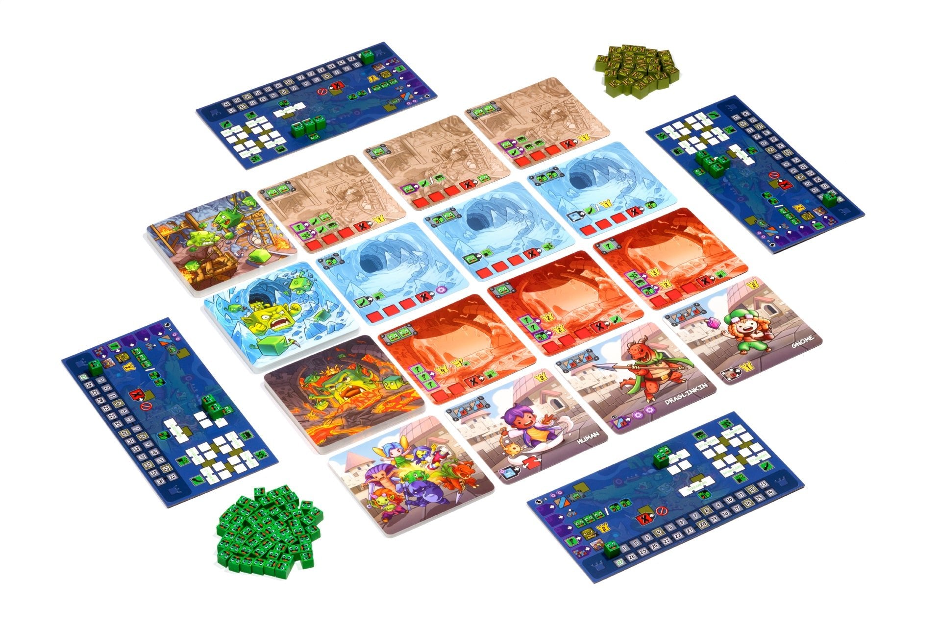 Board game with colorful tiles and pieces on a white background