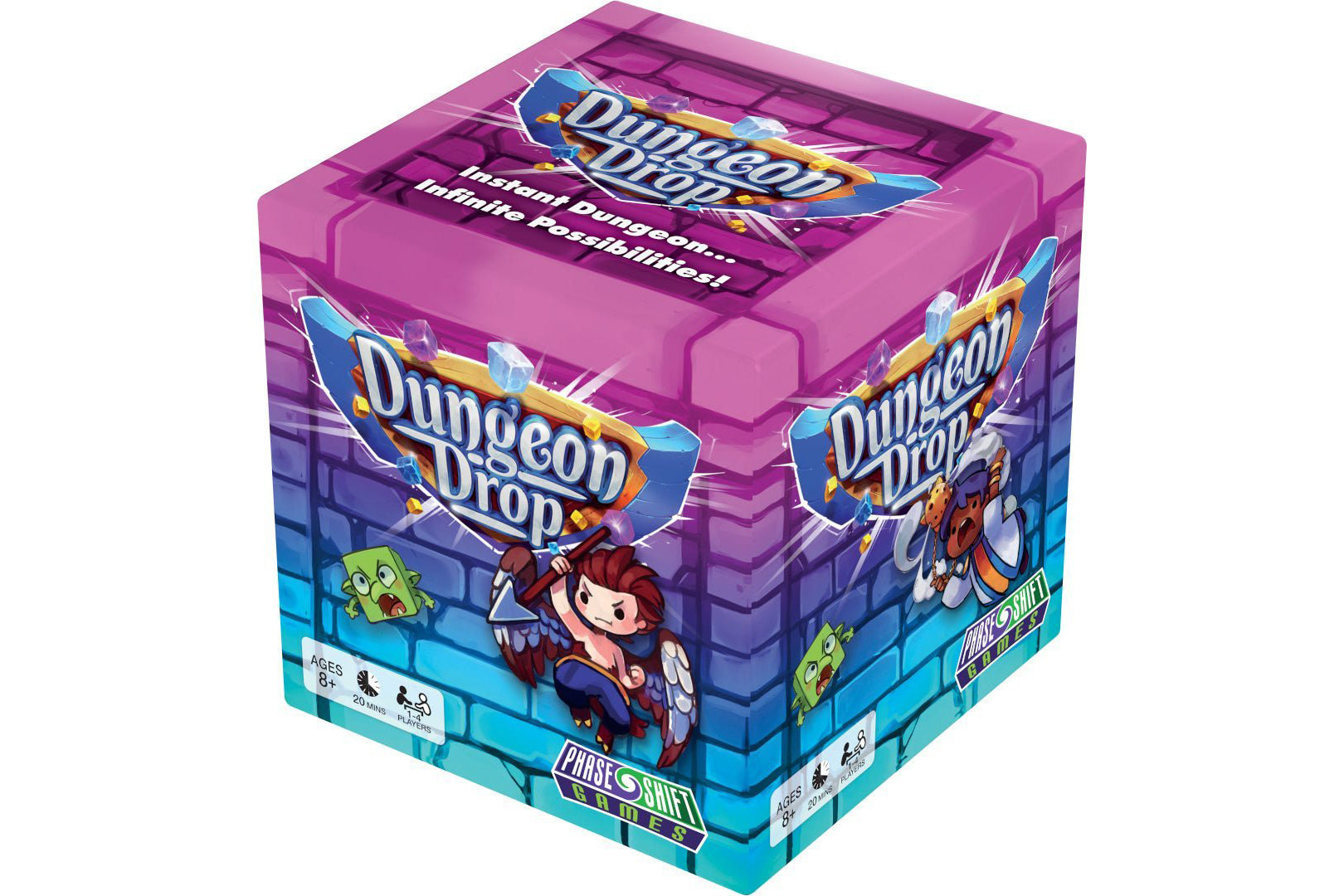 Board game box for 'Dungeon Drop' with colorful design and text.