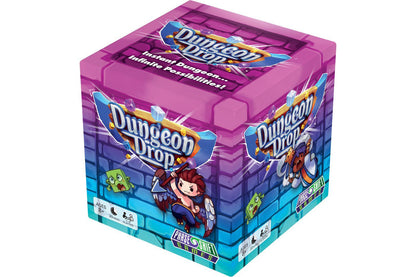 Board game box for 'Dungeon Drop' with colorful design and text.