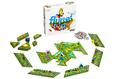 Board game set with 'flutter' packaging on a white background
