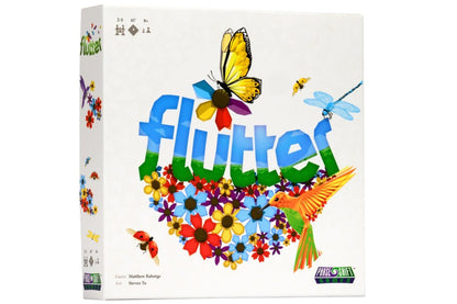 Board game box titled 'flutter' with colorful butterfly illustrations on a white background