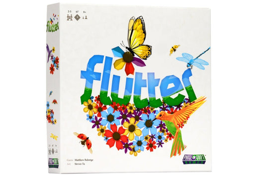 Board game box titled 'flutter' with colorful butterfly illustrations on a white background