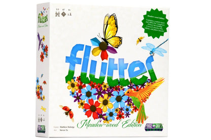 Board game box titled 'flutter' with colorful butterfly graphics on a white background