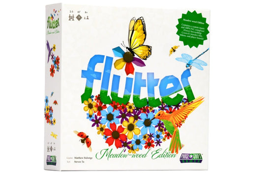 Board game box titled 'flutter' with colorful butterfly graphics on a white background