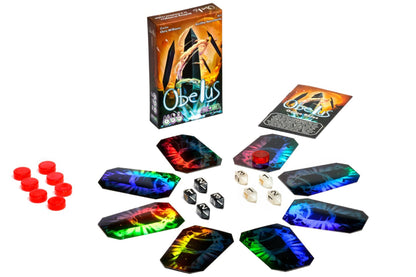 Board game set with colorful game pieces and Obelus box on a white background