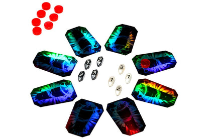 Colorful gemstone-like objects arranged in a circular pattern on a white background.