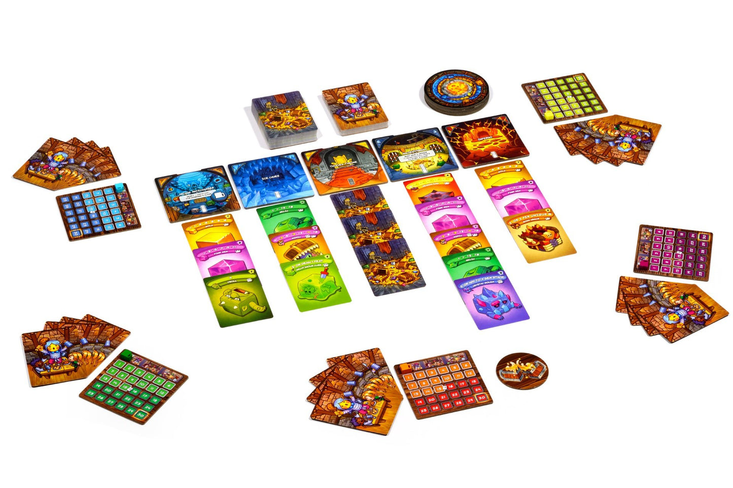 Collection of colorful board game cards on a white background