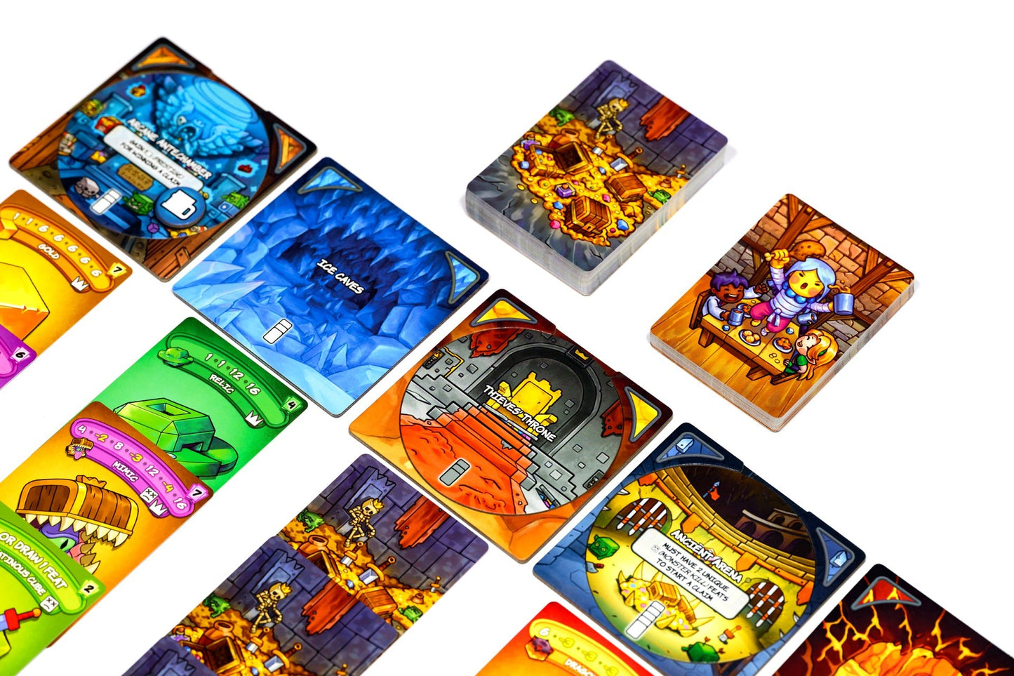 Collection of colorful game cards with various designs on a white background